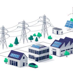 Smart virtual battery energy storage network with house office factory buildings, renewable solar panel plant station, wind and high voltage electricity distribution grid pylons, electric transformer.