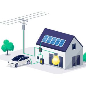 Home electricity scheme with battery energy storage system on modern house photovoltaic solar panels and rechargeable li-ion backup. Electric car charging on renewable smart power off-grid system.